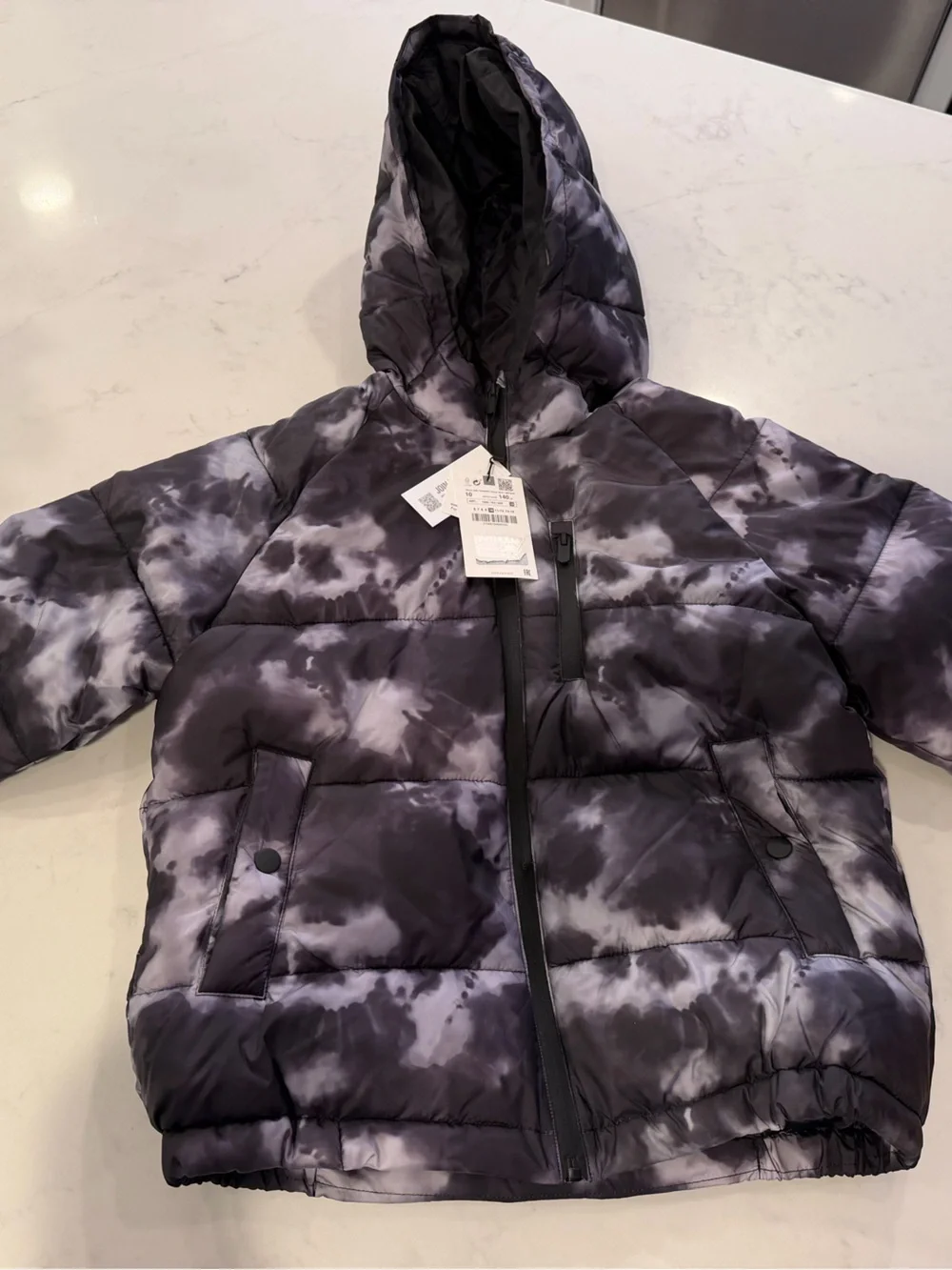 Zara Kids Puffer Jacket in Black and Gray Tie-Dye - BRAND NEW WITH TAGS -Size 10